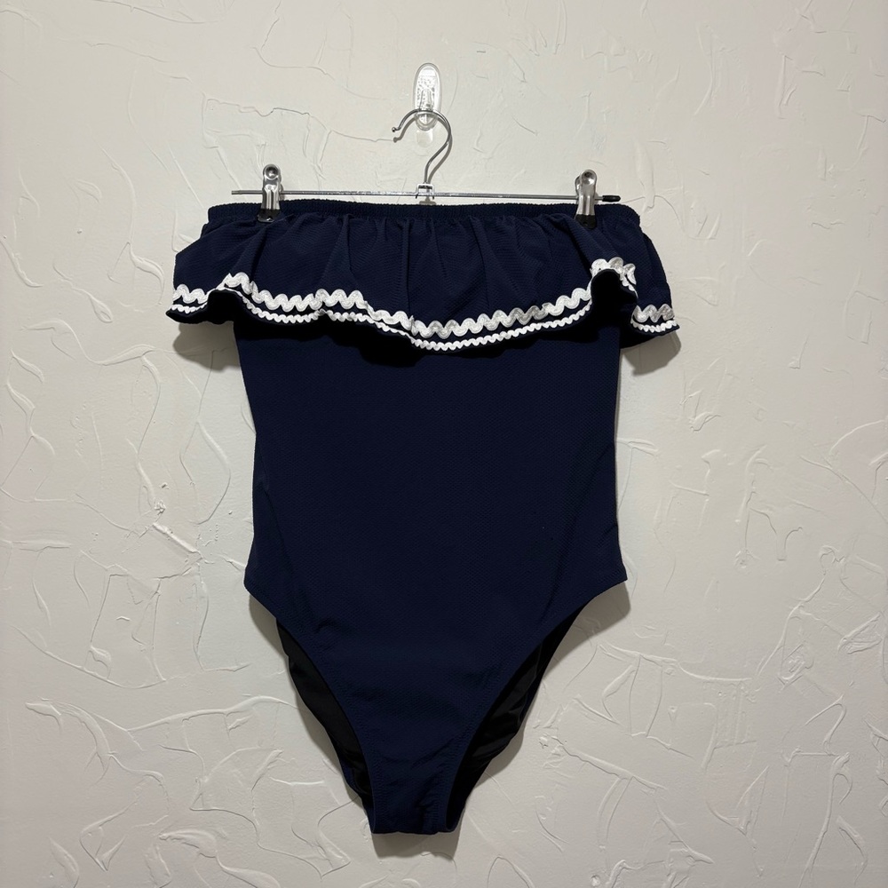 J Crew navy blue ruffle-trim neckline one piece swimsuit (size 8)